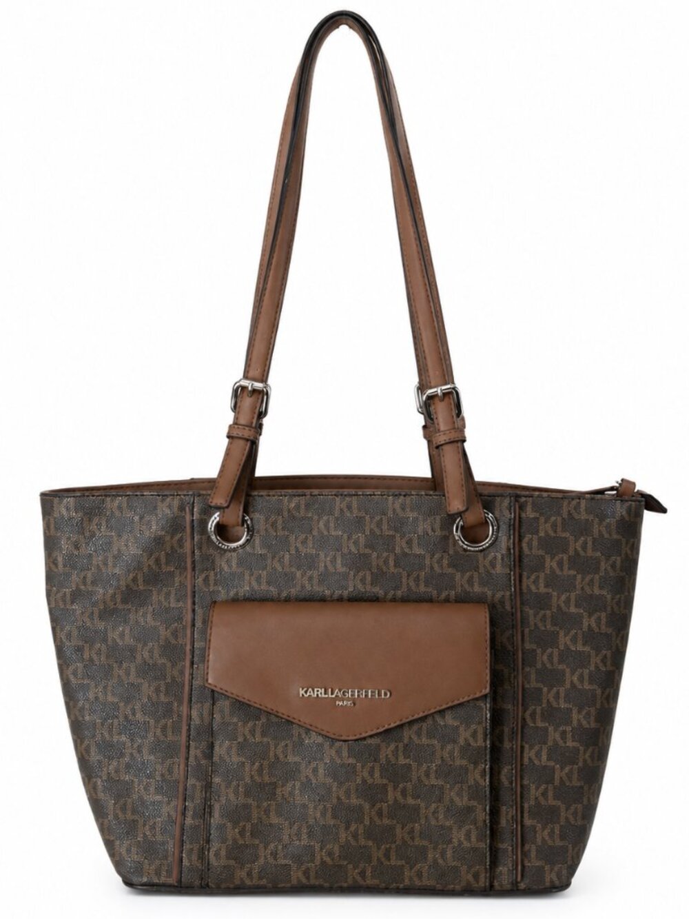 Karl Lagerfeld Paris Monogram Print Tote Bag – Brown Signature Logo Shoulder Bag